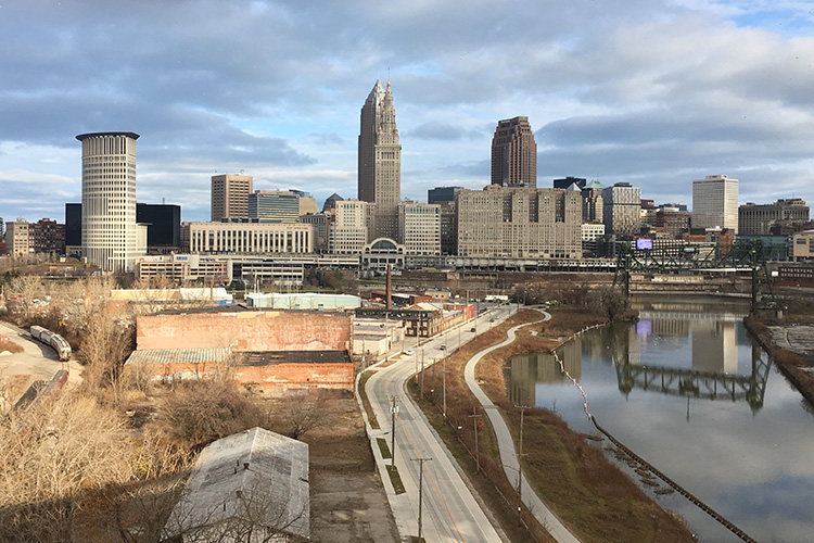 View of Downtown Cleveland from Hope Memorial Bridge in mile 6 of A Christmas Story Run