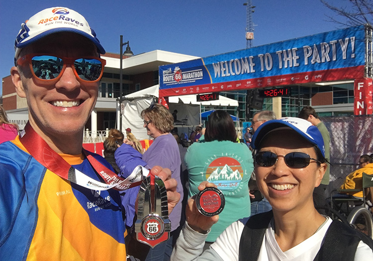 Mike Sohaskey and Katie Ho finish line selfie at the Route 66 Marathon